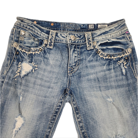 Miss Me Jeans 28 Cuffed Capri Faded Destroyed Abrasion Y2k Pocket Flap - Picture 4 of 10
